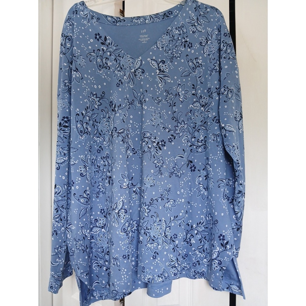 J. Jill Long Sleeve V-Neck Simply Supima Tunic Blue Floral Top Size 2X - Picture 4 of 5